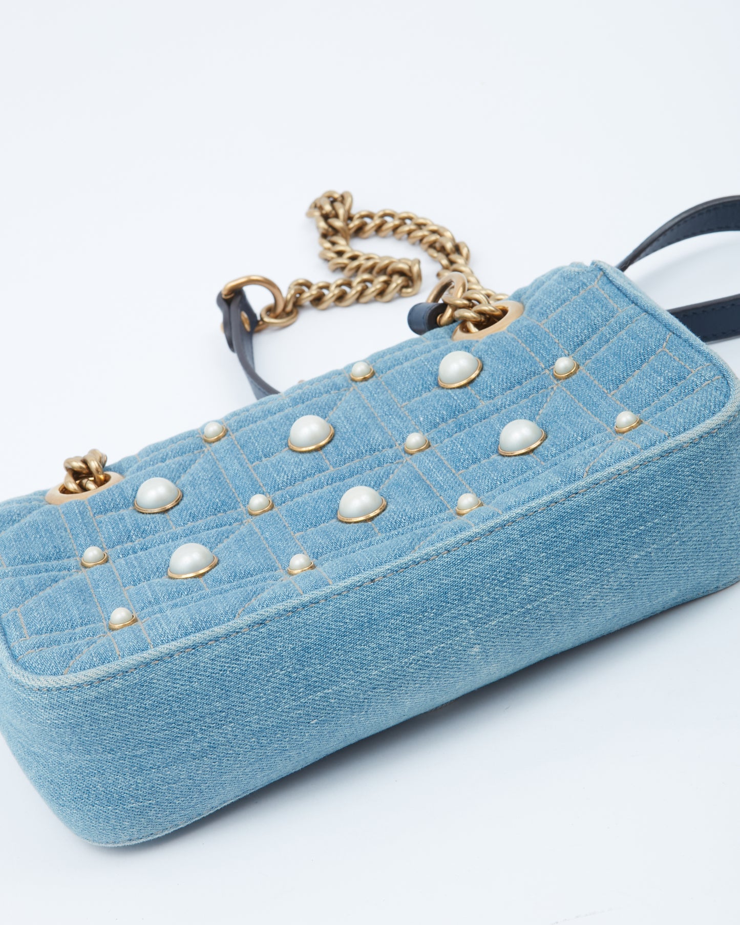 Gucci Blue Denim Matelasse Marmont GG Small Chain Bag