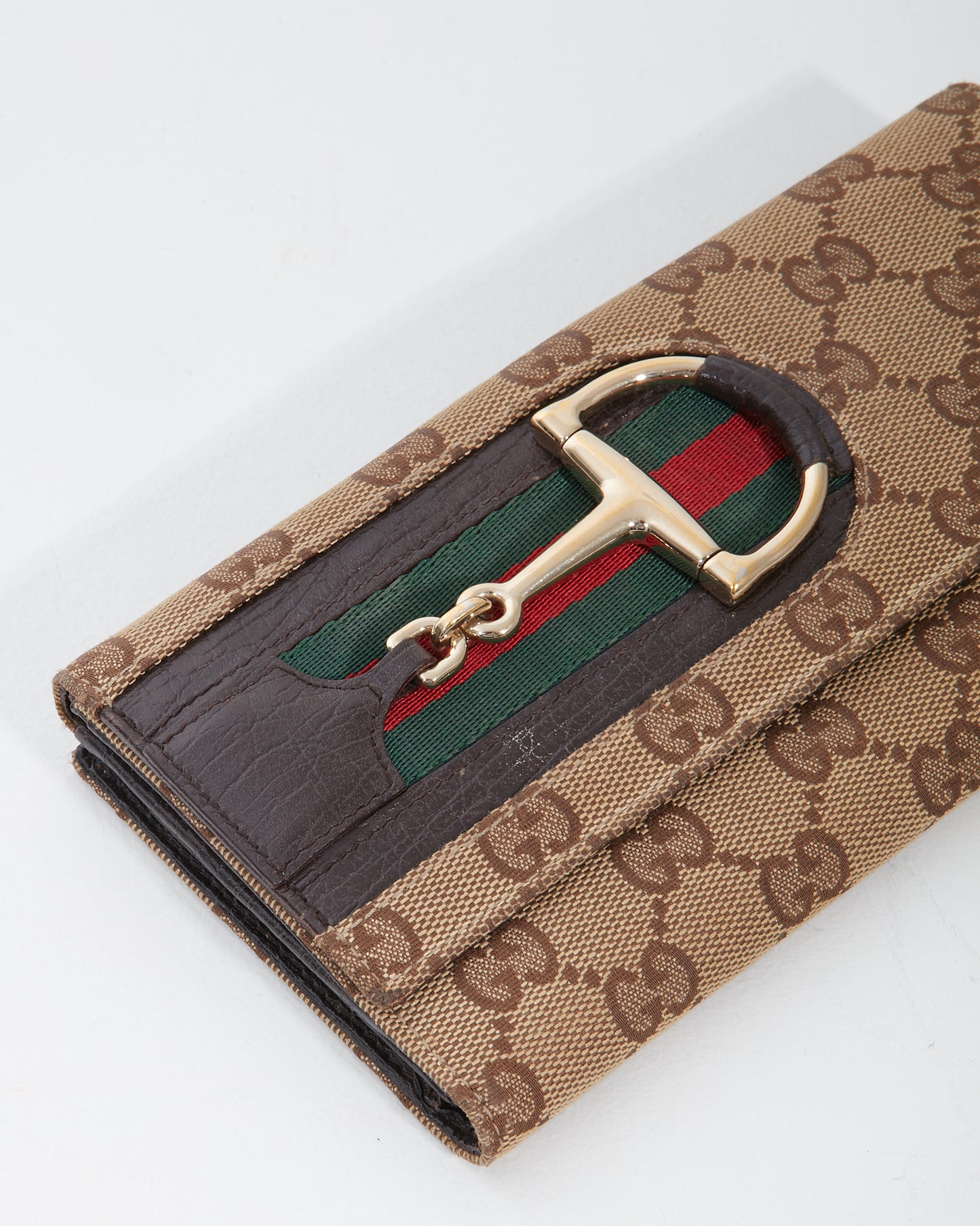Gucci Brown GG Canvas Horsebit Gold Détail Flap Wallet
