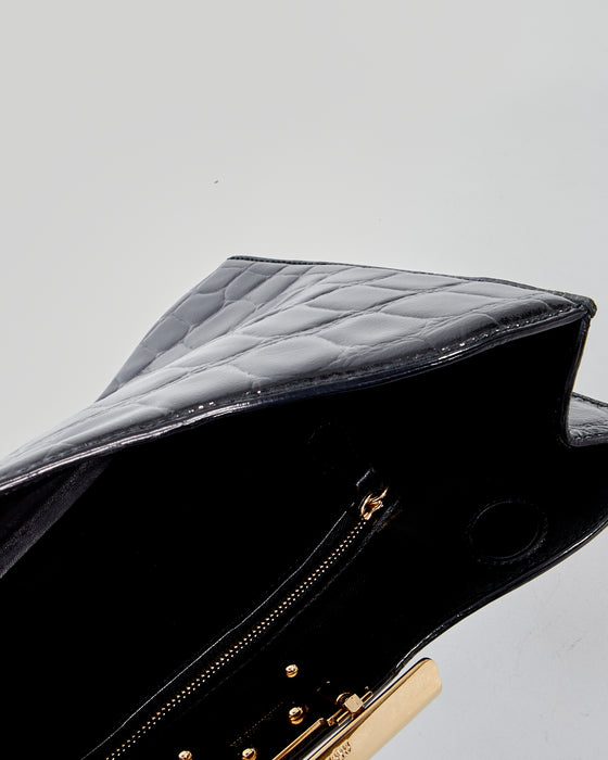 Alexander McQueen Black Vernis Croc Embossed Clutch