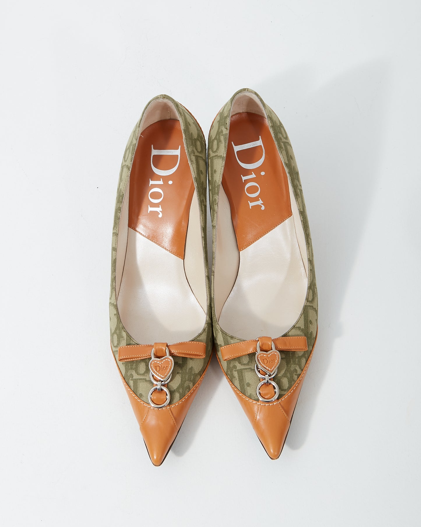 Dior Vintage Green/Tan Canvas & Leather Point Toe Pumps - 38.5