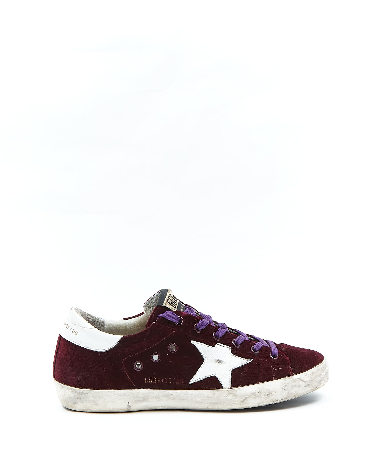Explore a Golden Goose Burgundy Velvet Graphic Print Sneaker 38