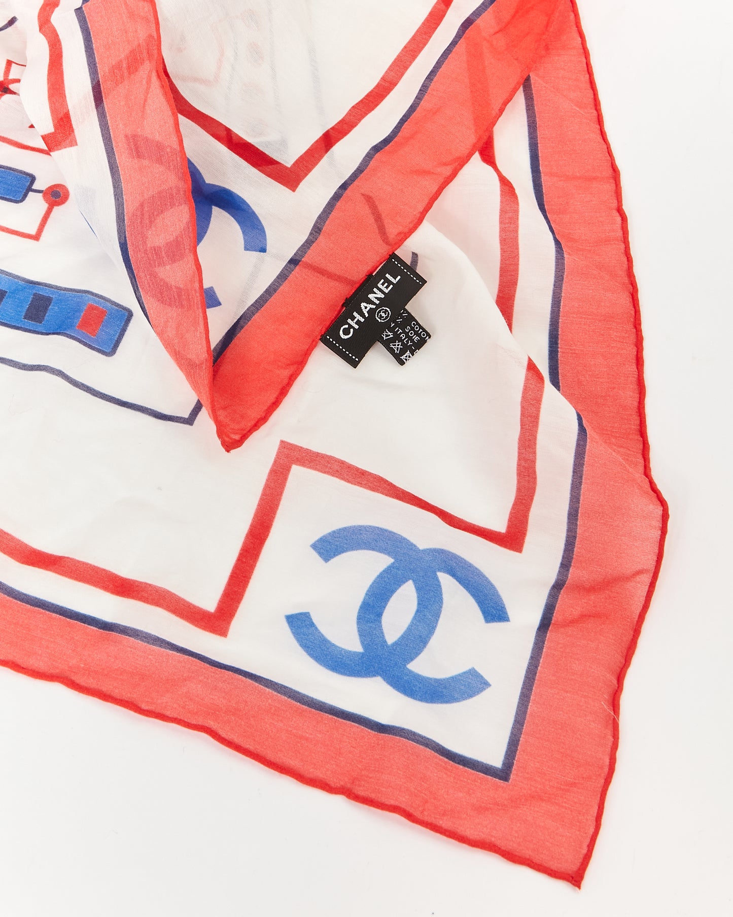 Écharpe carrée en coton à circuit électrique blanc/bleu/rouge Chanel