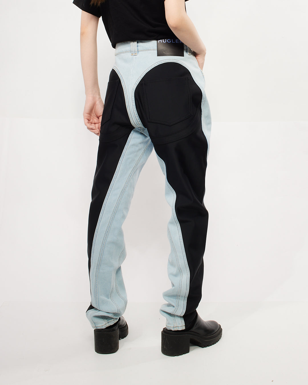 Jean skinny à empiècements bicolores bleu Mugler/noir - 44 F (XL)