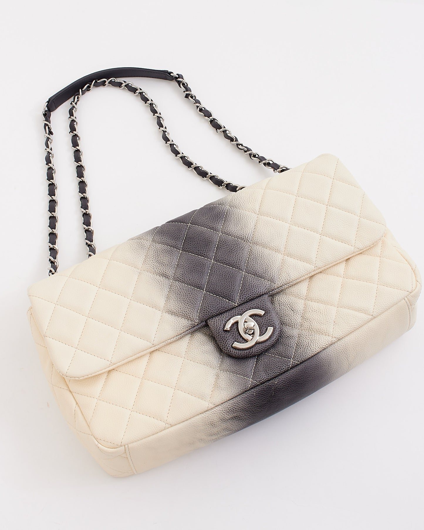 Chanel White and Grey Ombré Quilted Caviar Leather Jumbo Flap Bag