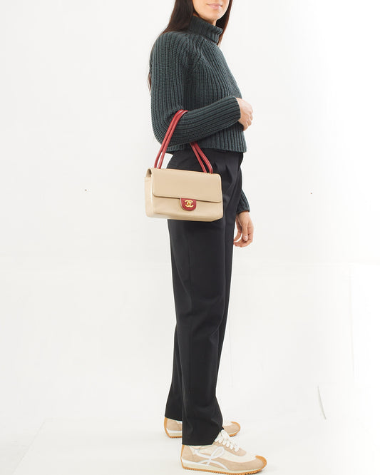 Chanel Vintage Beige/Red Perforated Leather Flap Bag with Gold Hardware