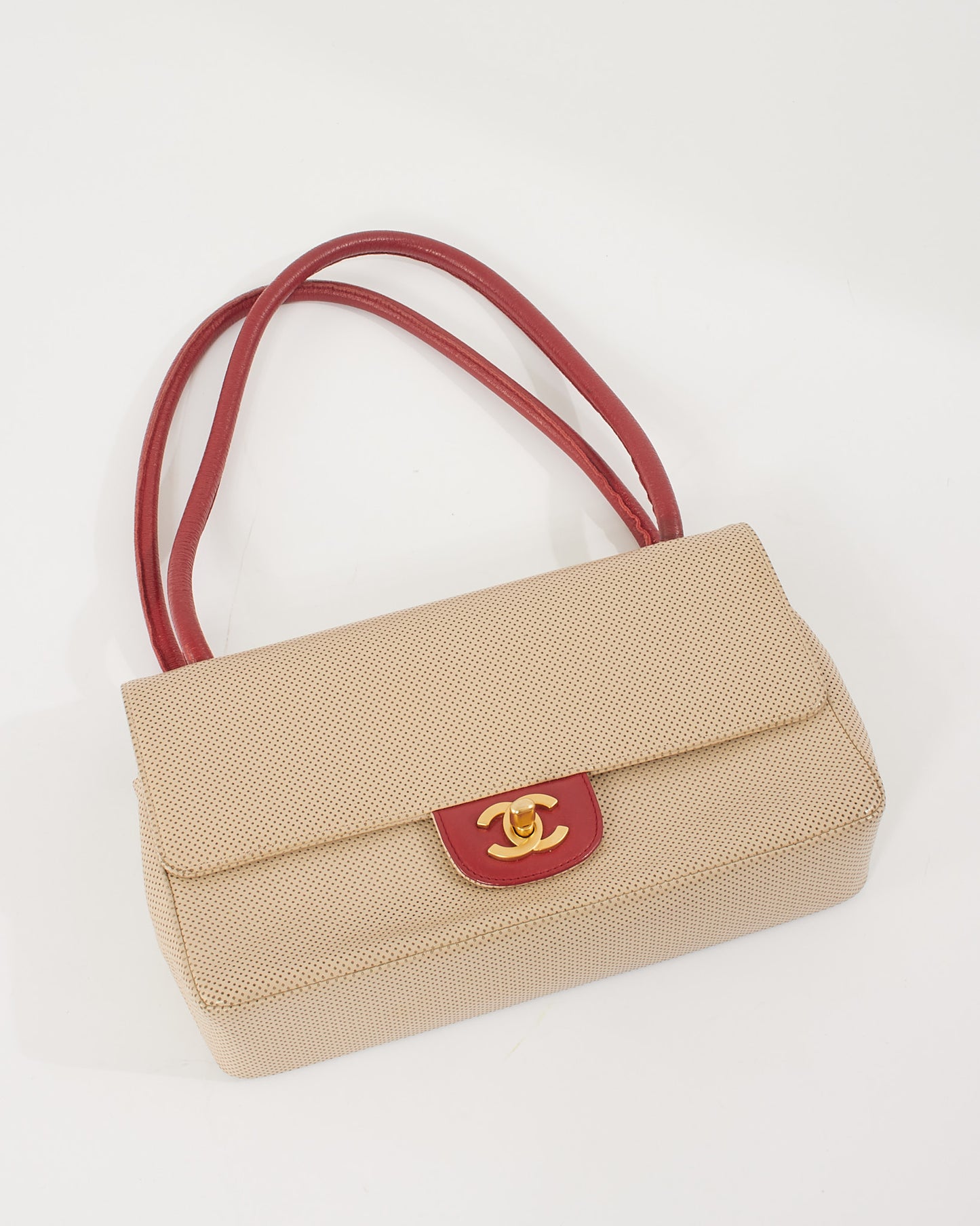 Chanel Vintage Beige/Red Perforated Leather Flap Bag with Gold Hardware