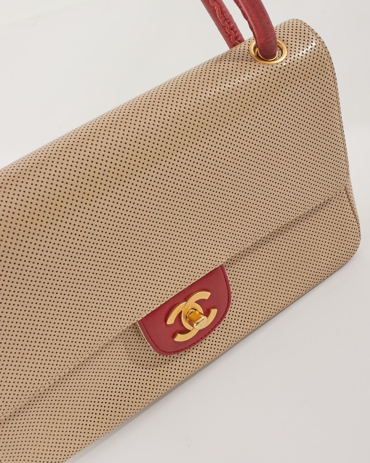 Chanel Vintage Beige/Red Perforated Leather Flap Bag with Gold Hardware