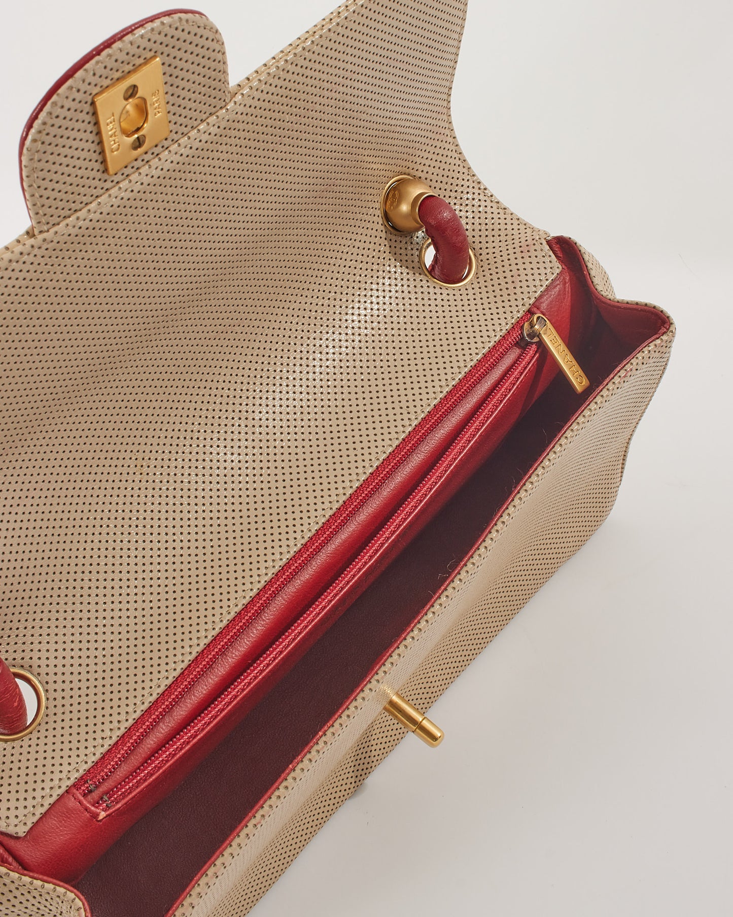 Chanel Vintage Beige/Red Perforated Leather Flap Bag with Gold Hardware