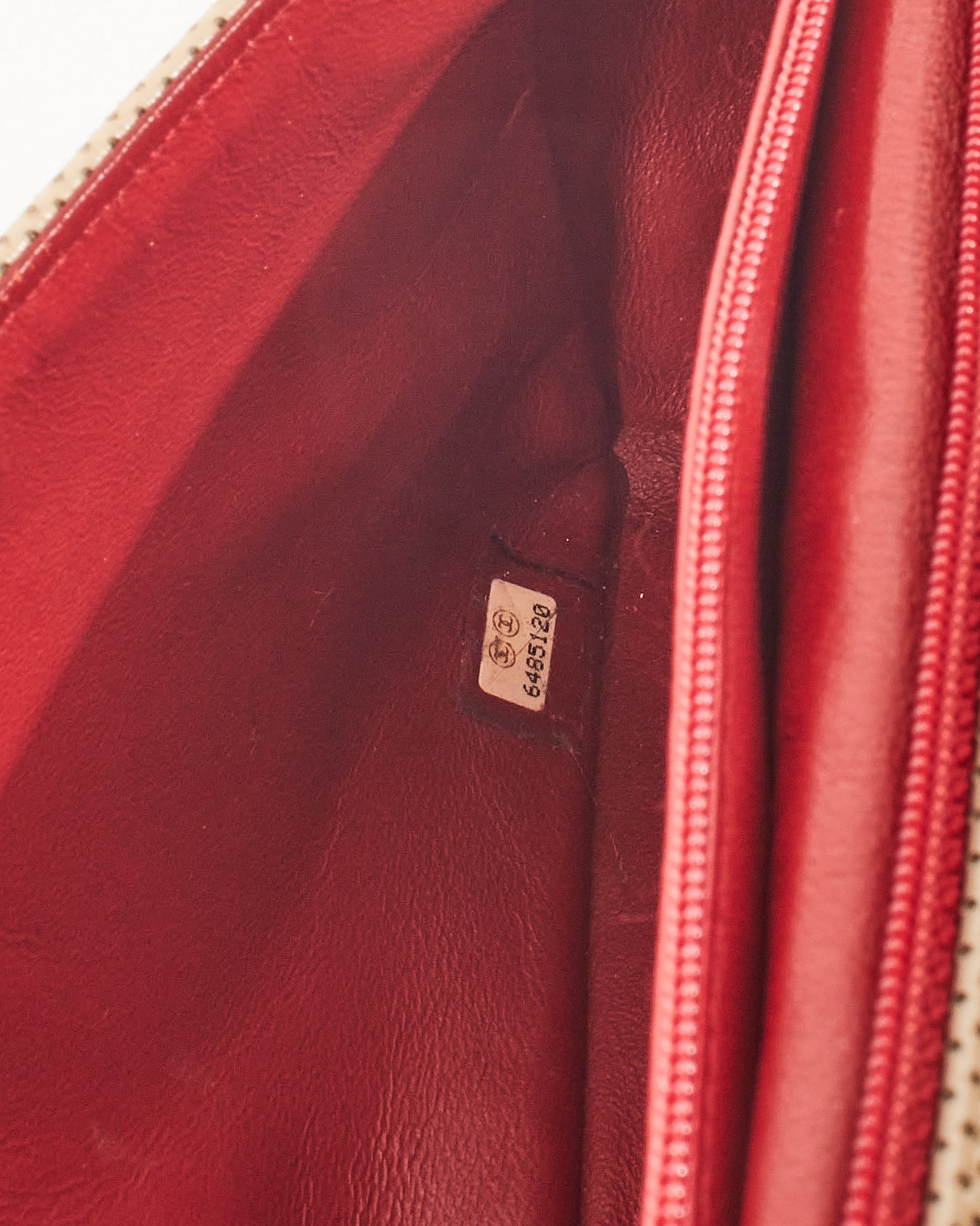 Chanel Vintage Beige/Red Perforated Leather Flap Bag with Gold Hardware