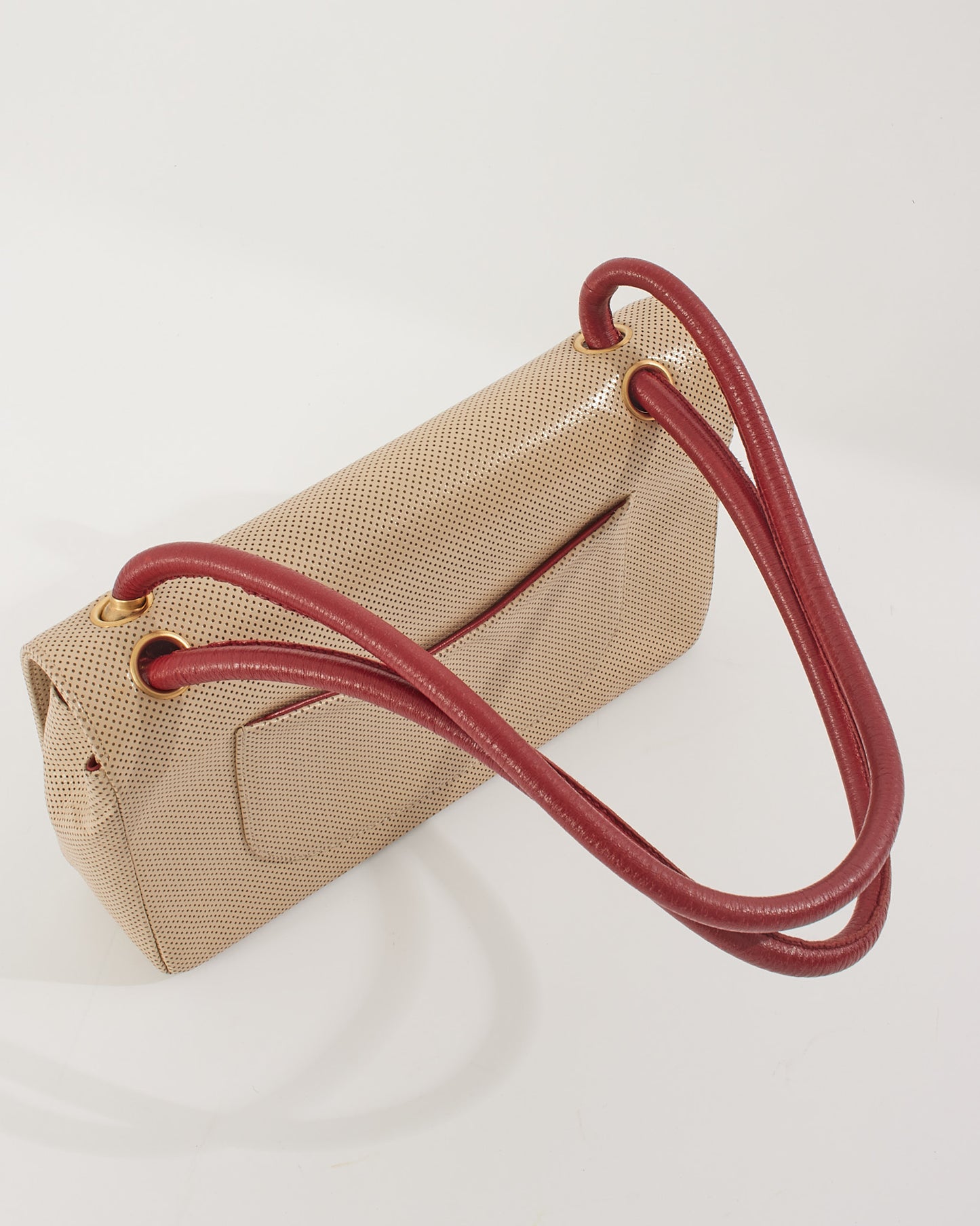 Chanel Vintage Beige/Red Perforated Leather Flap Bag with Gold Hardware