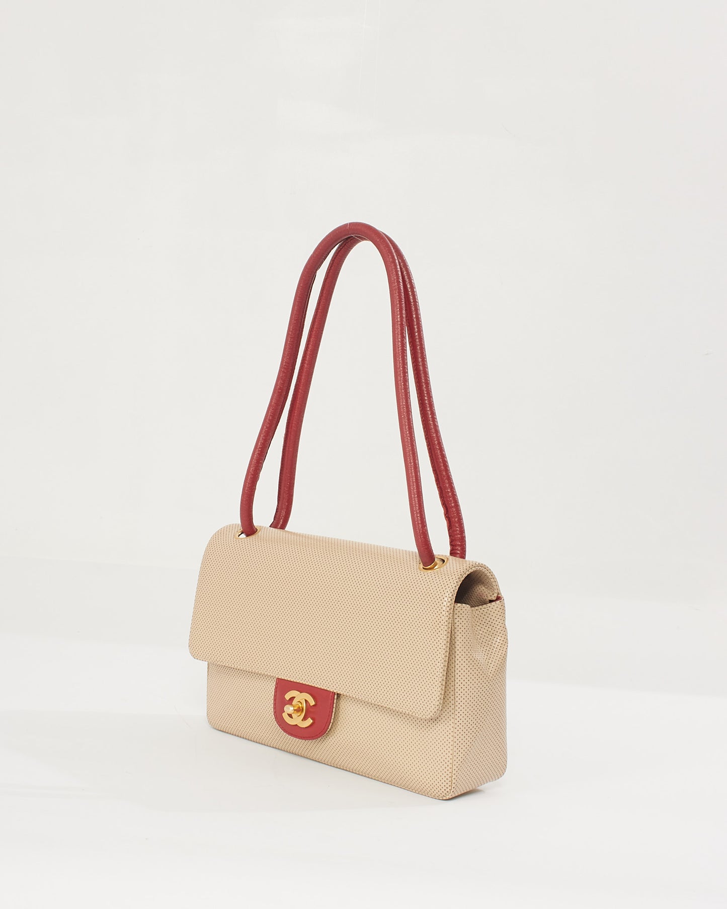 Chanel Vintage Beige/Red Perforated Leather Flap Bag with Gold Hardware