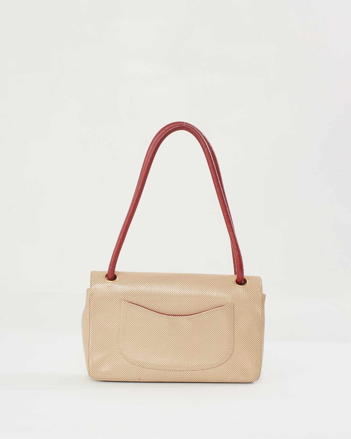 Chanel Vintage Beige/Red Perforated Leather Flap Bag with Gold Hardware