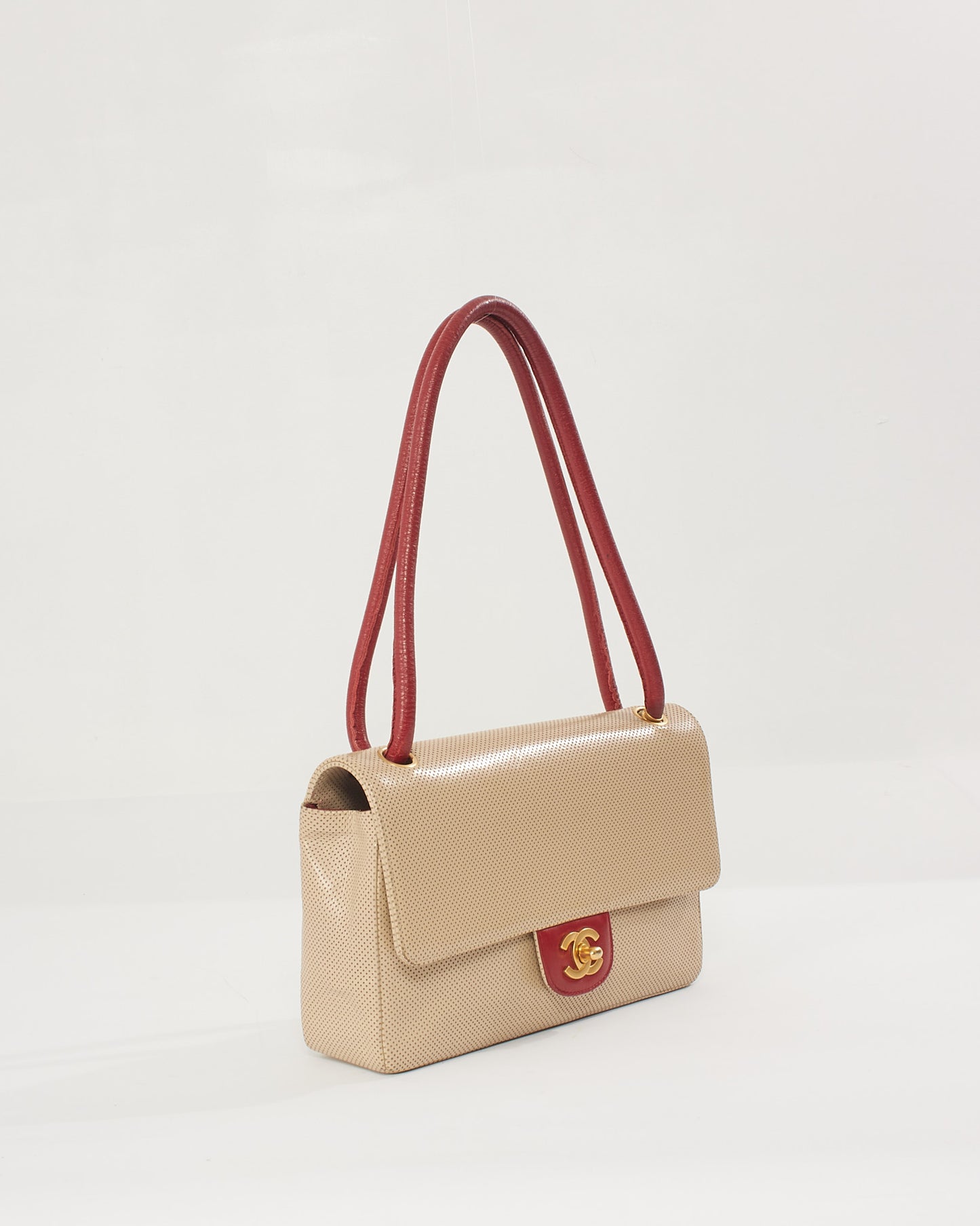 Chanel Vintage Beige/Red Perforated Leather Flap Bag with Gold Hardware