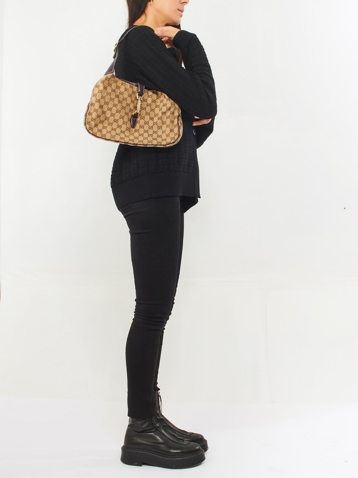 Gucci Purple Leather GG Monogram Canvas Jackie Hobo Shoulder Bag