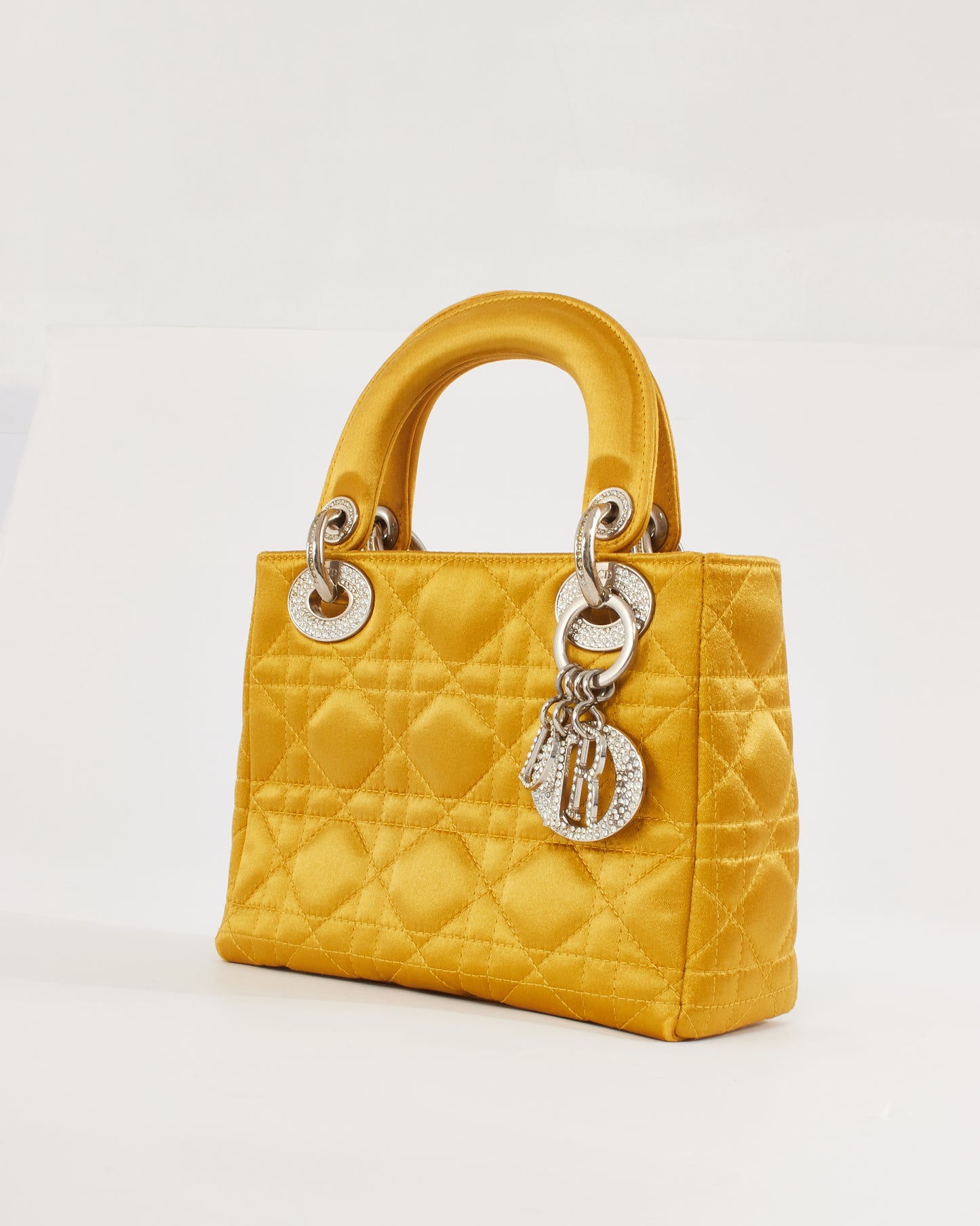Dior Gold Satin Crystal Embellished Logo Mini Lady Dior Bag