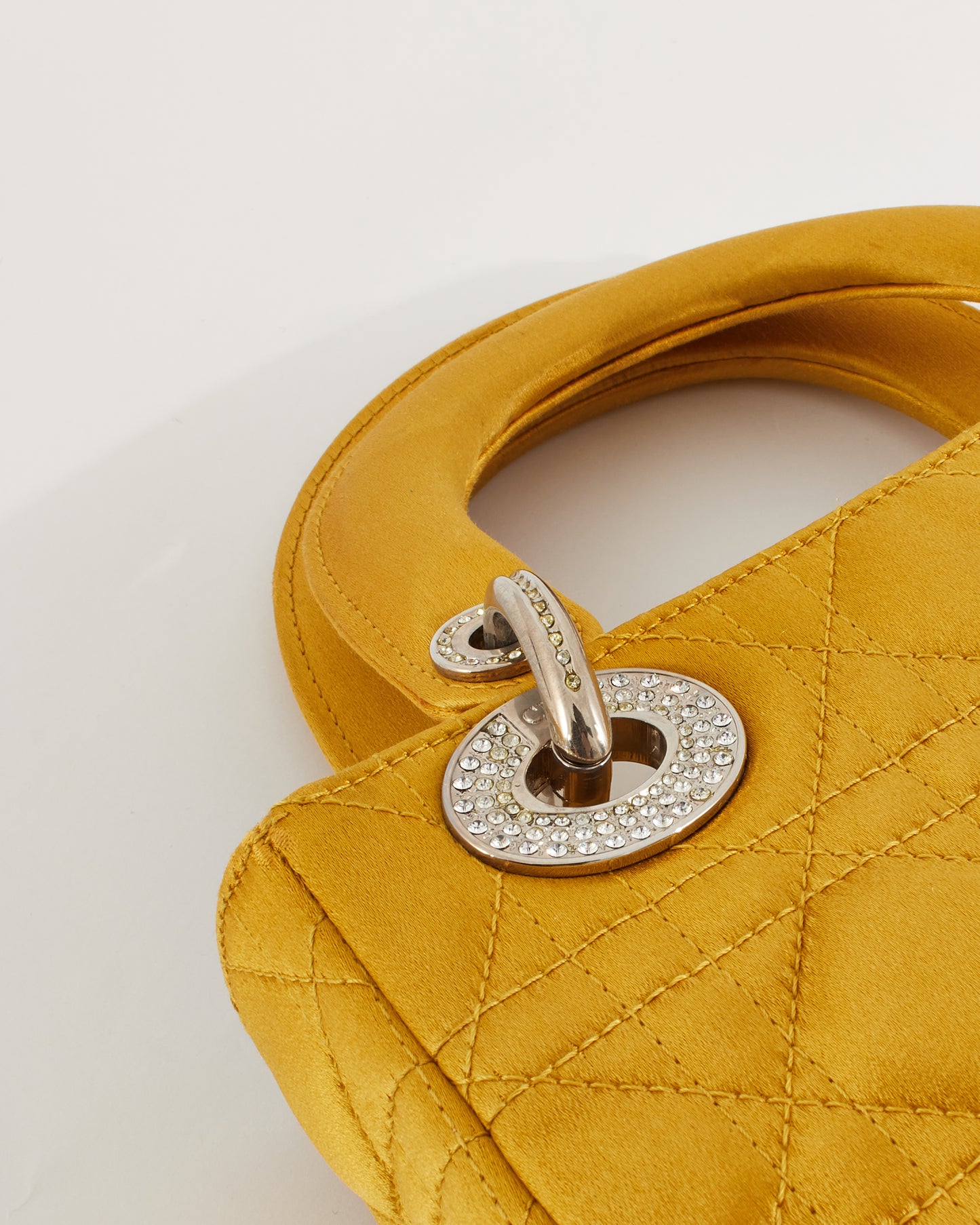 Dior Gold Satin Crystal Embellished Logo Mini Lady Dior Bag