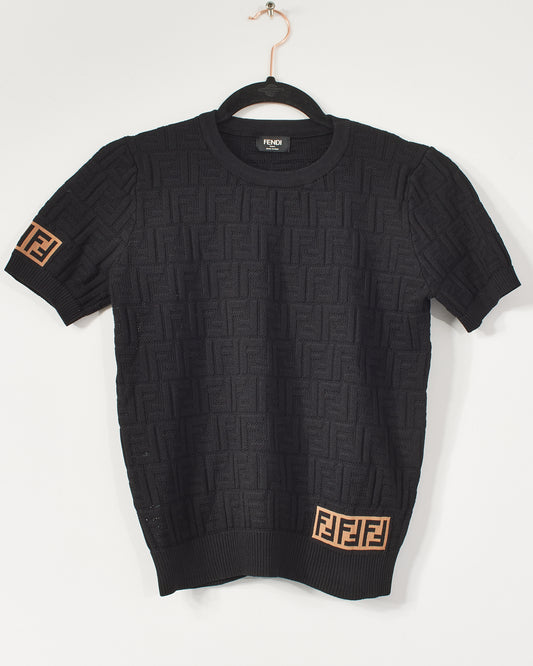 Fendi Black Jacquard Logo Short Sleeve Top - L