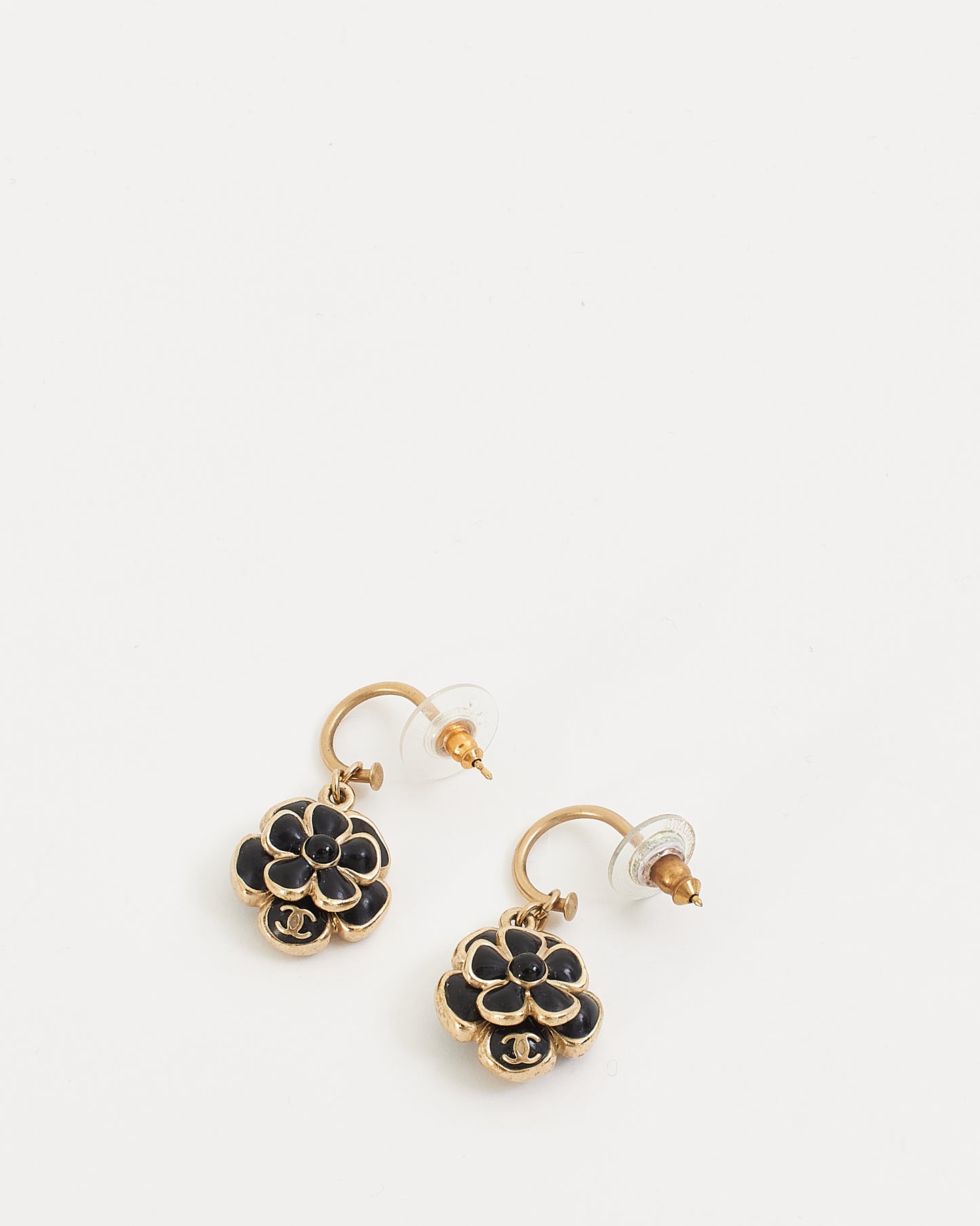 Chanel Black Enamel Camellia Flower Drop Earrings