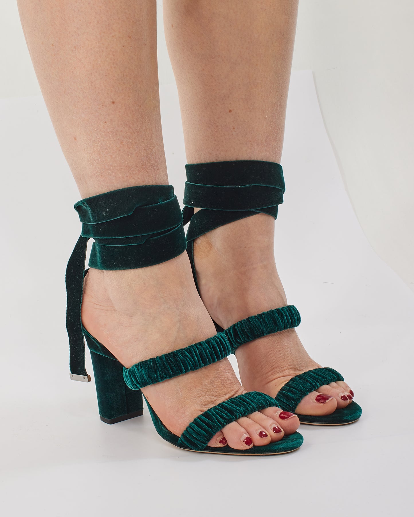 Jimmy Choo Green Velvet Marcella Ankle-Wrap Heeled Sandals -36.5