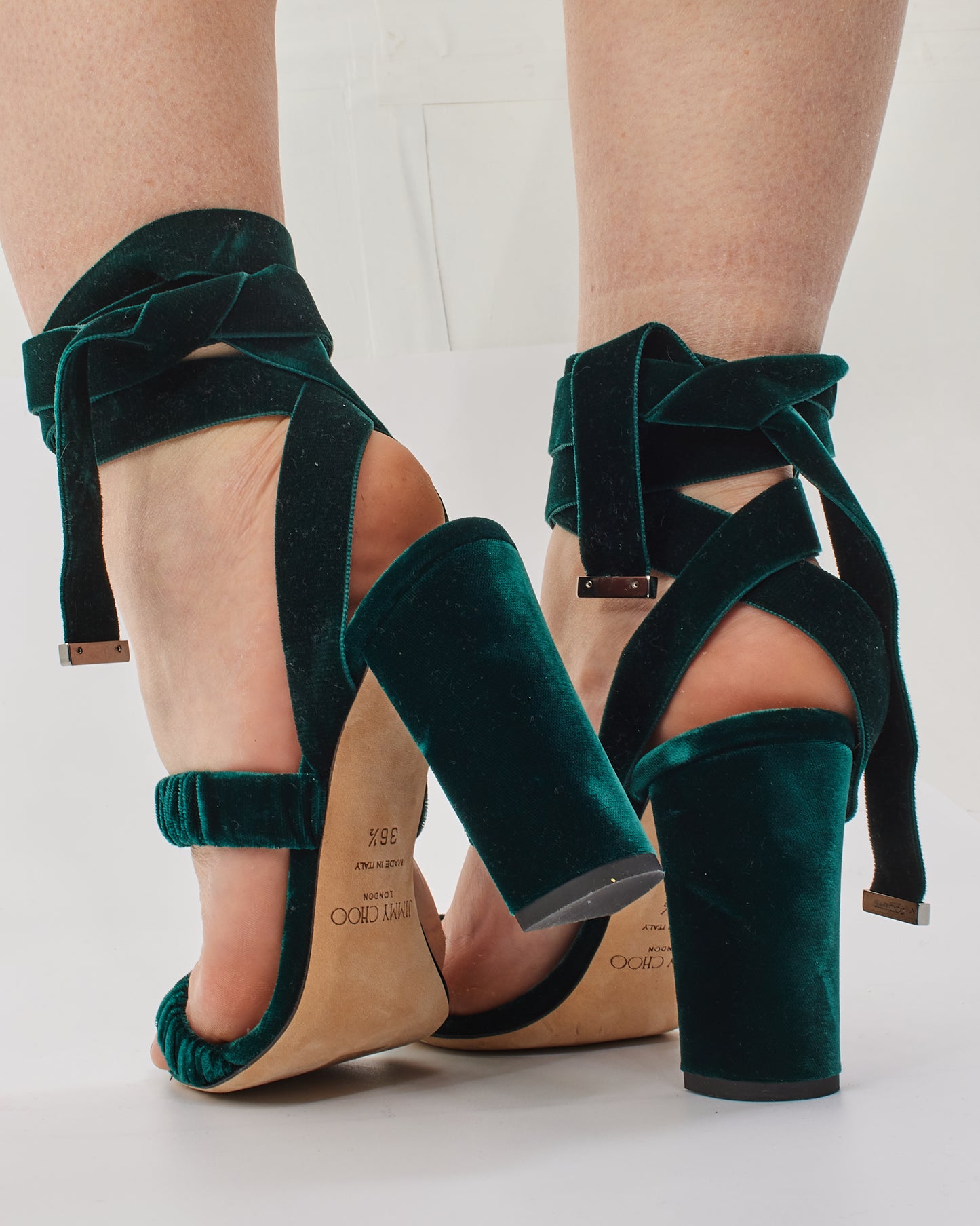 Jimmy Choo Green Velvet Marcella Ankle-Wrap Heeled Sandals -36.5