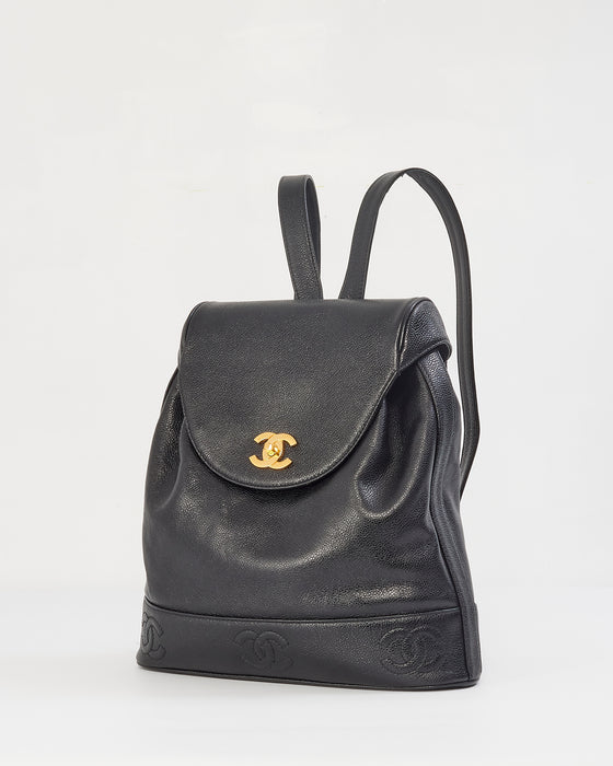 Chanel Vintage Black Caviar Leather Drawstring Triple CC Backpack