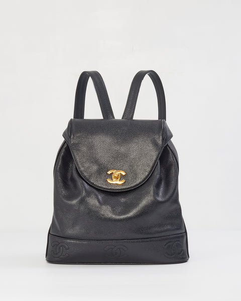 Explore a Chanel Vintage Black Caviar Leather Drawstring  display picture 3