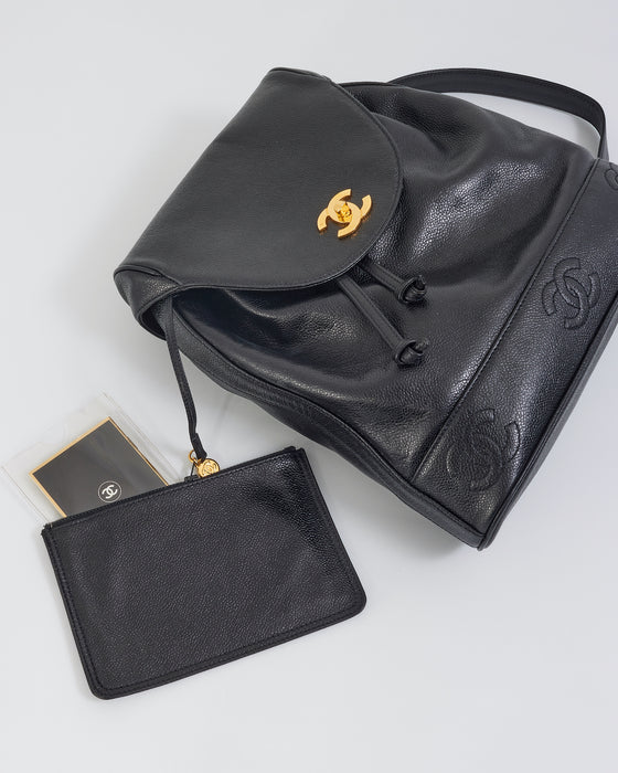 Chanel Vintage Black Caviar Leather Drawstring Triple CC Backpack