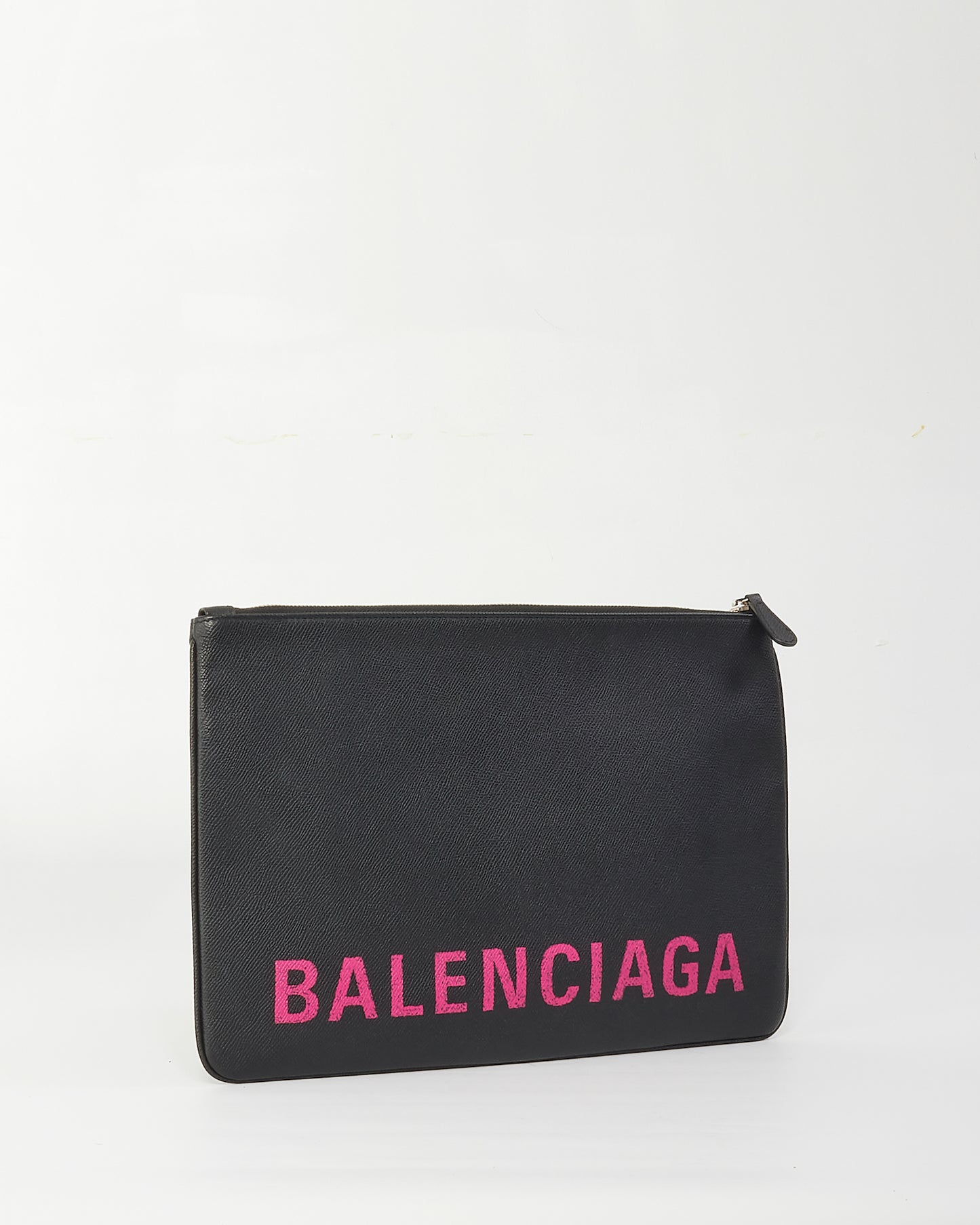 Balenciaga Black Leather Pink Logo Ville Zipper Pouch