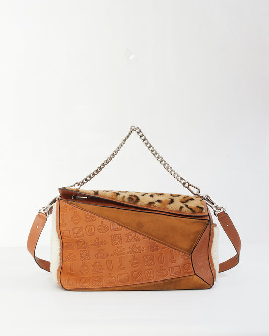 Loewe Tan Monogram Leather & Suede/Fur Chain Large Puzzle Bag