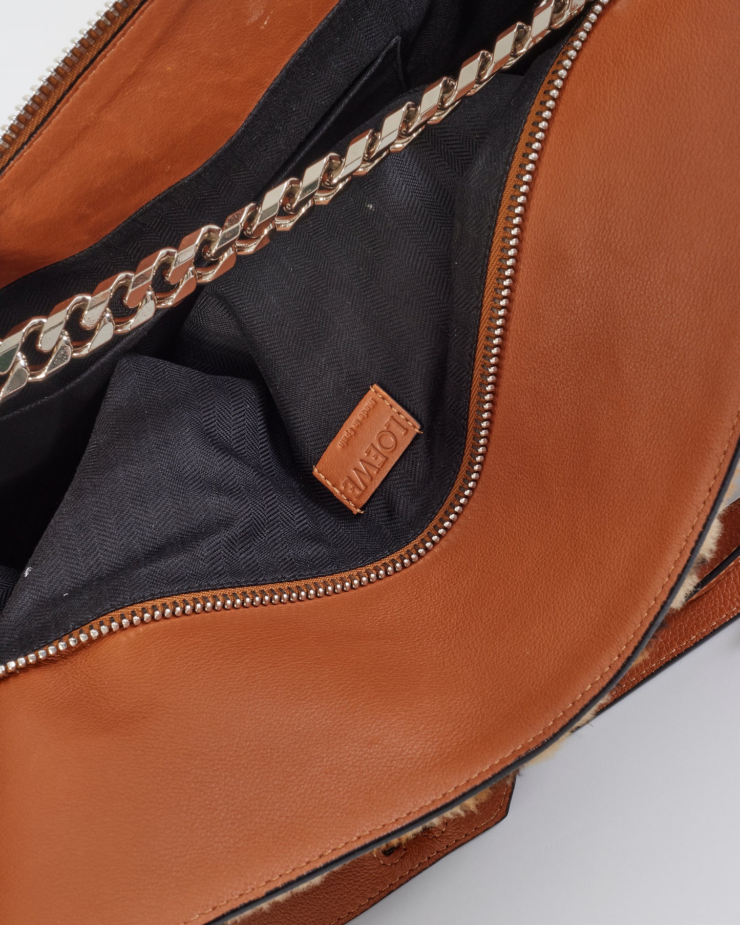 Loewe Tan Monogram Leather & Suede/Fur Chain Large Puzzle Bag
