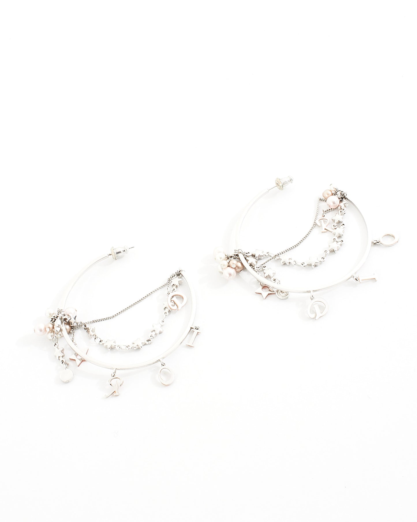 Grandes boucles d'oreilles créoles Dior argent perle/étoile/logo