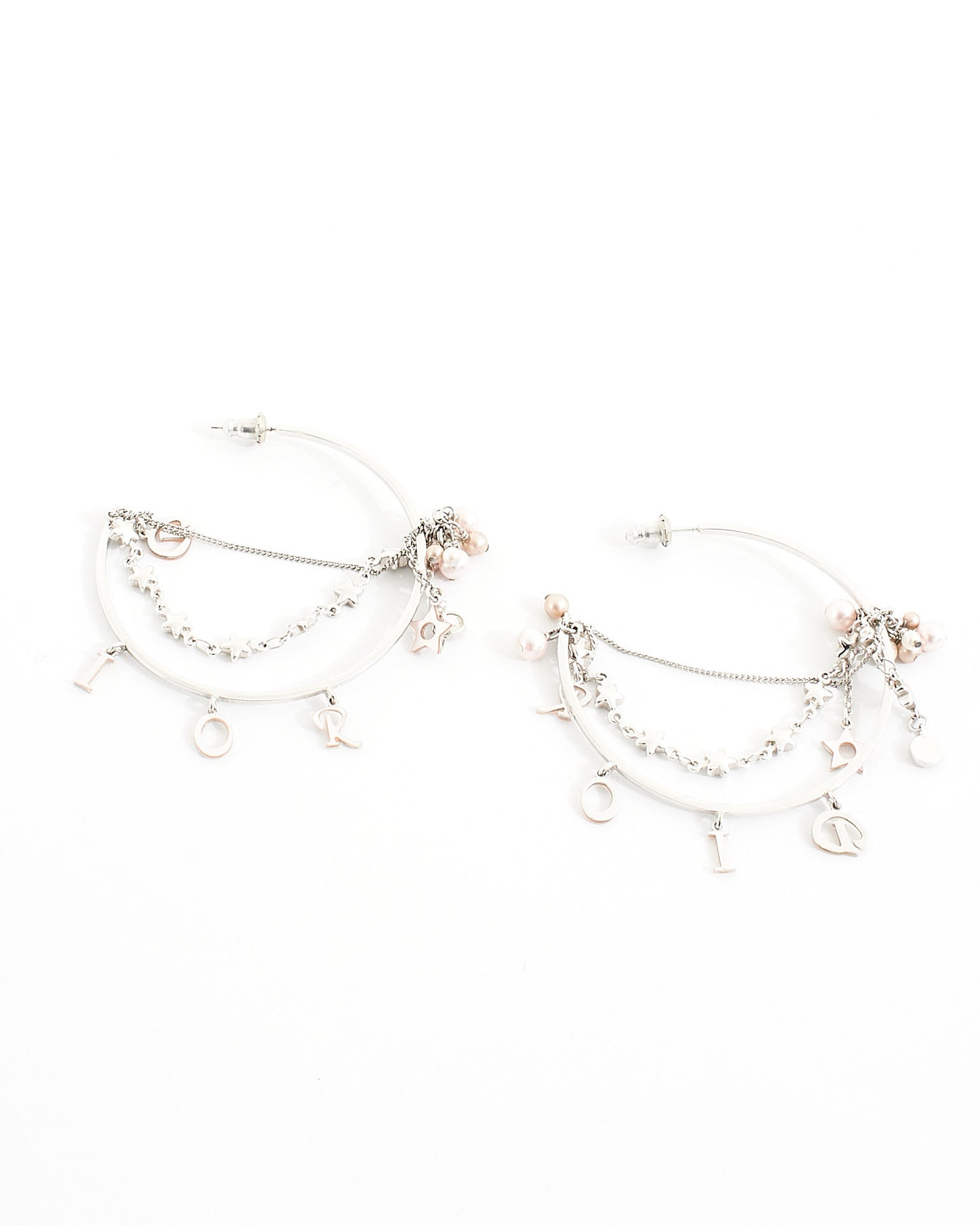 Dior Silver Pearl/Star/Logo Large Hoop Earrings