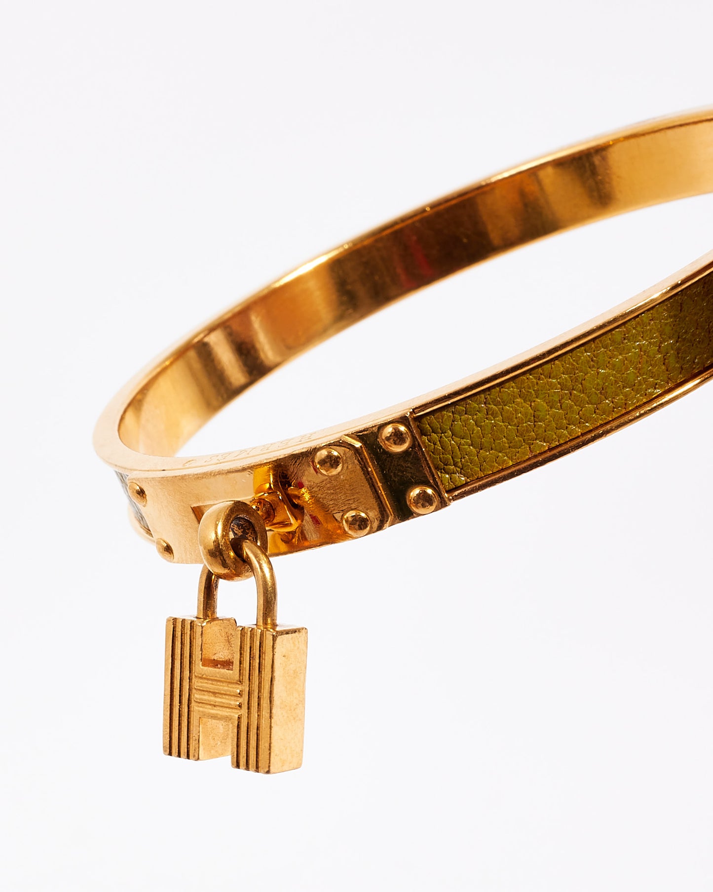 Hermès Gold & Green Leather Kelly H Lock Cadena Charm Bracelet