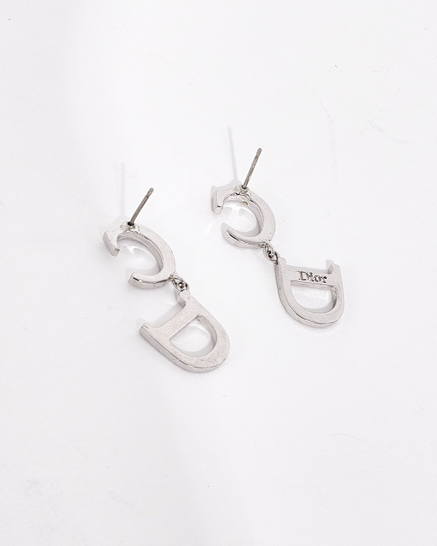 Dior Vintage Silver CD Logo Rhinestone Earrings