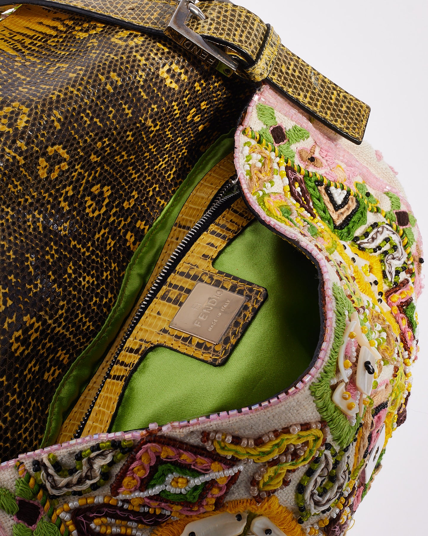 Fendi Limited Edition Green Lizard Trim Multi Beaded Embellished Fringe Baguette Bag