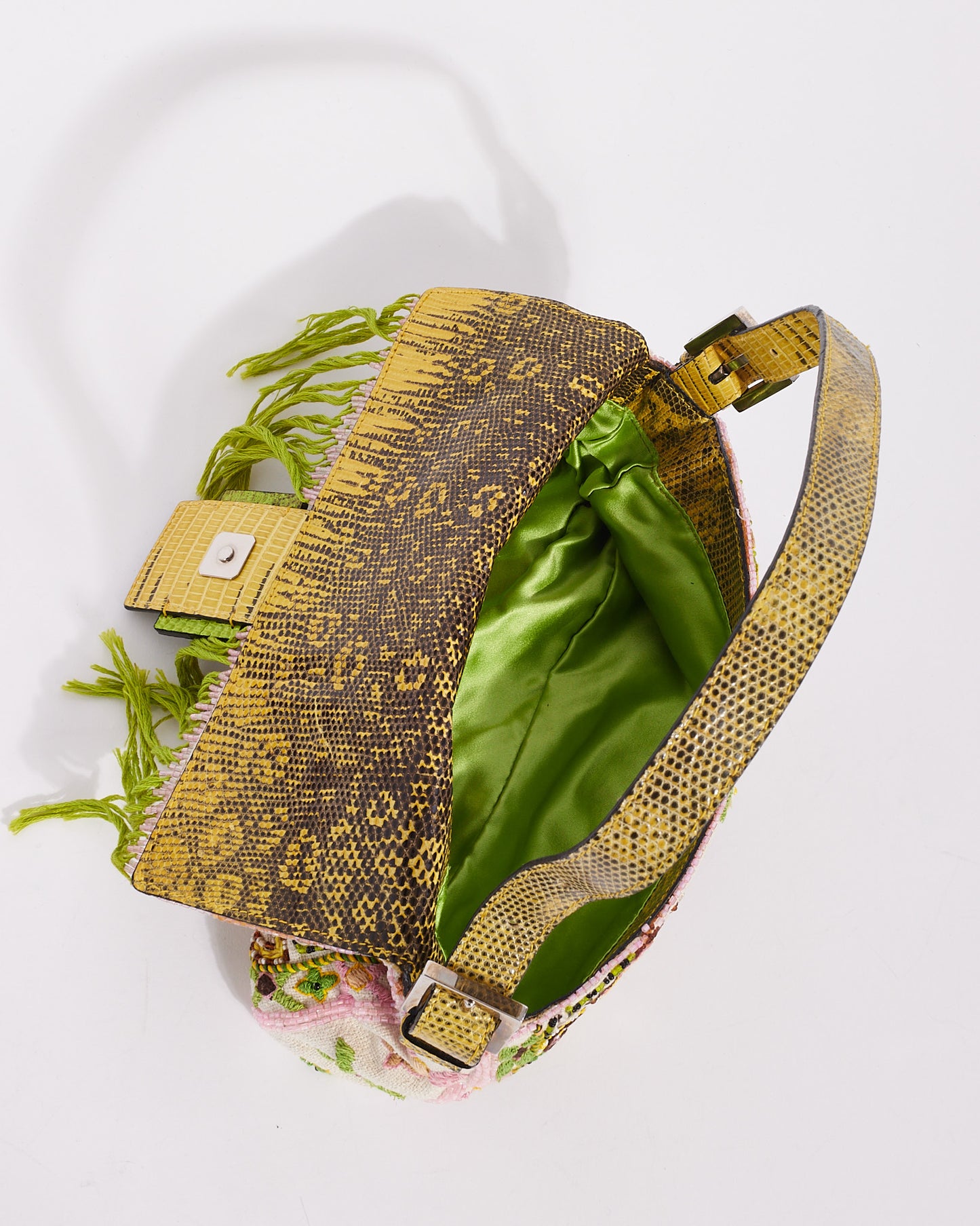 Fendi Limited Edition Green Lizard Trim Multi Beaded Embellished Fringe Baguette Bag