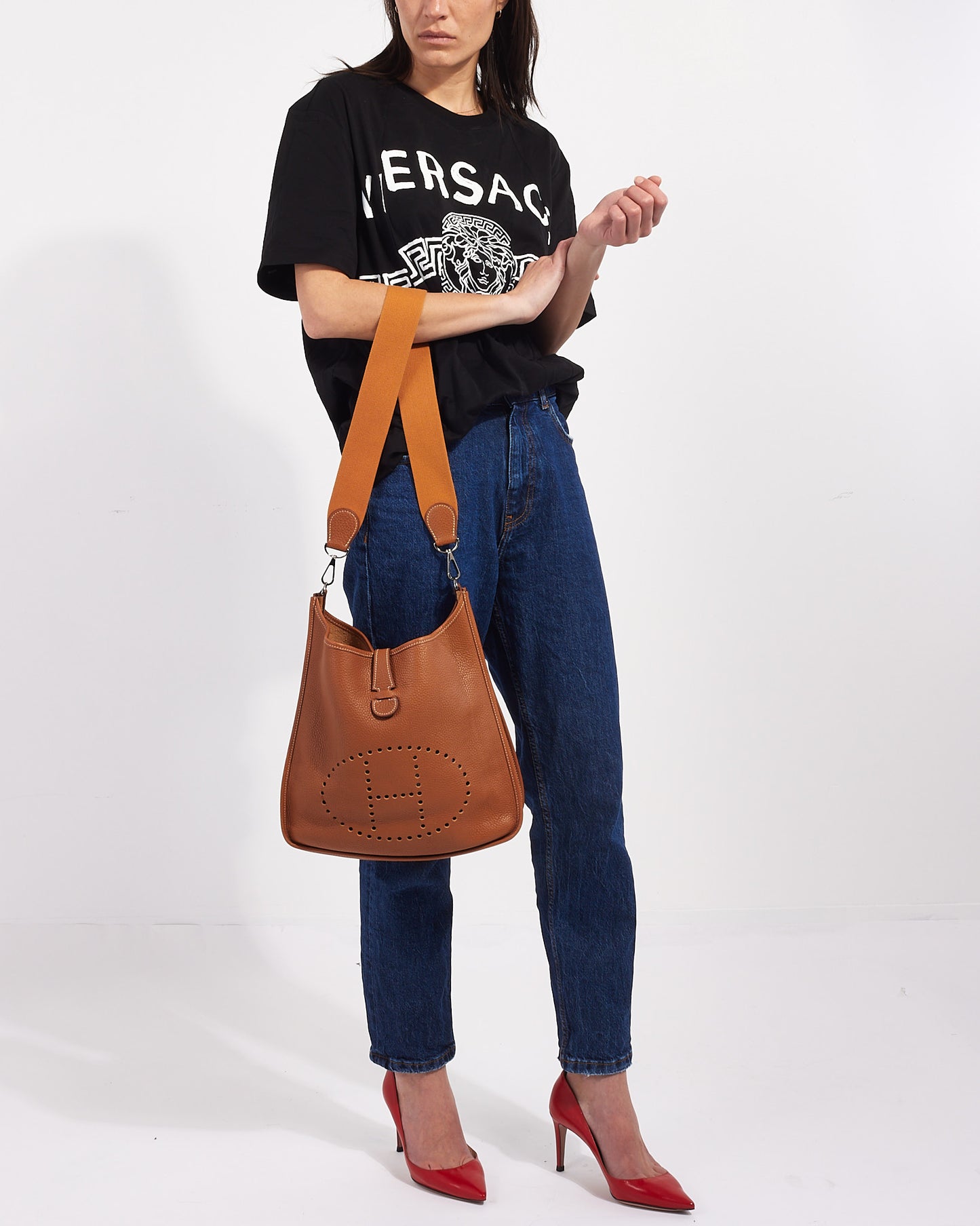 Hermès Tan (Gold) Clemence Leather Evelyne I GM Crossbody