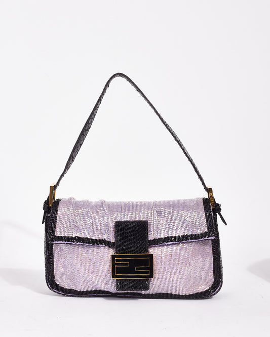 Fendi Vintage Purple & Black Trim Beaded Baguette Shoulder Bag