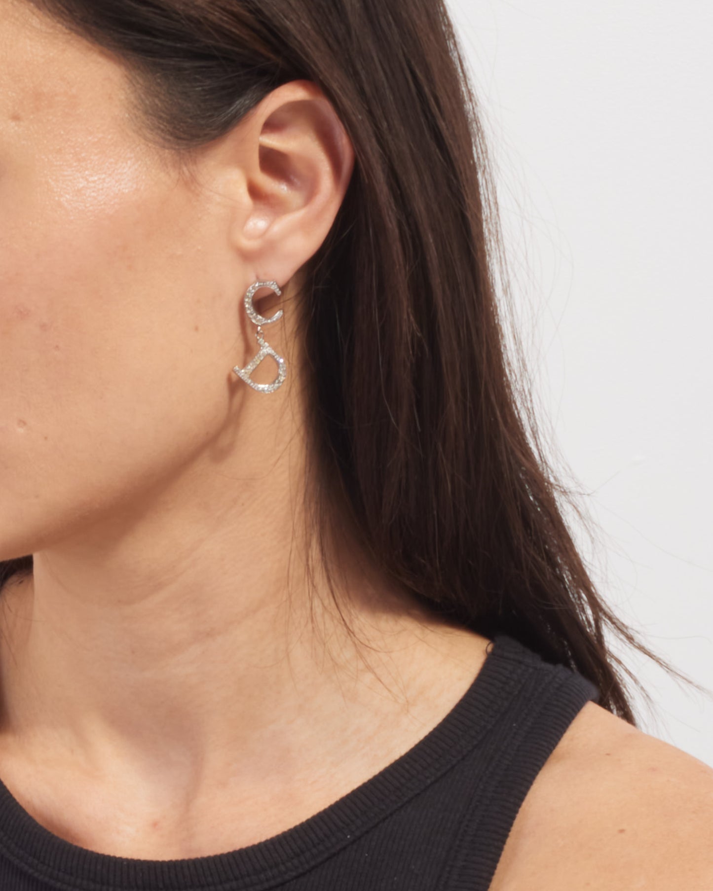 Dior Vintage Silver CD Logo Rhinestone Earrings