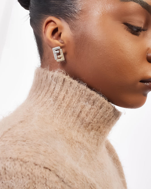 Fendi Silver and Gold Tone F Logo Crystal Earrings