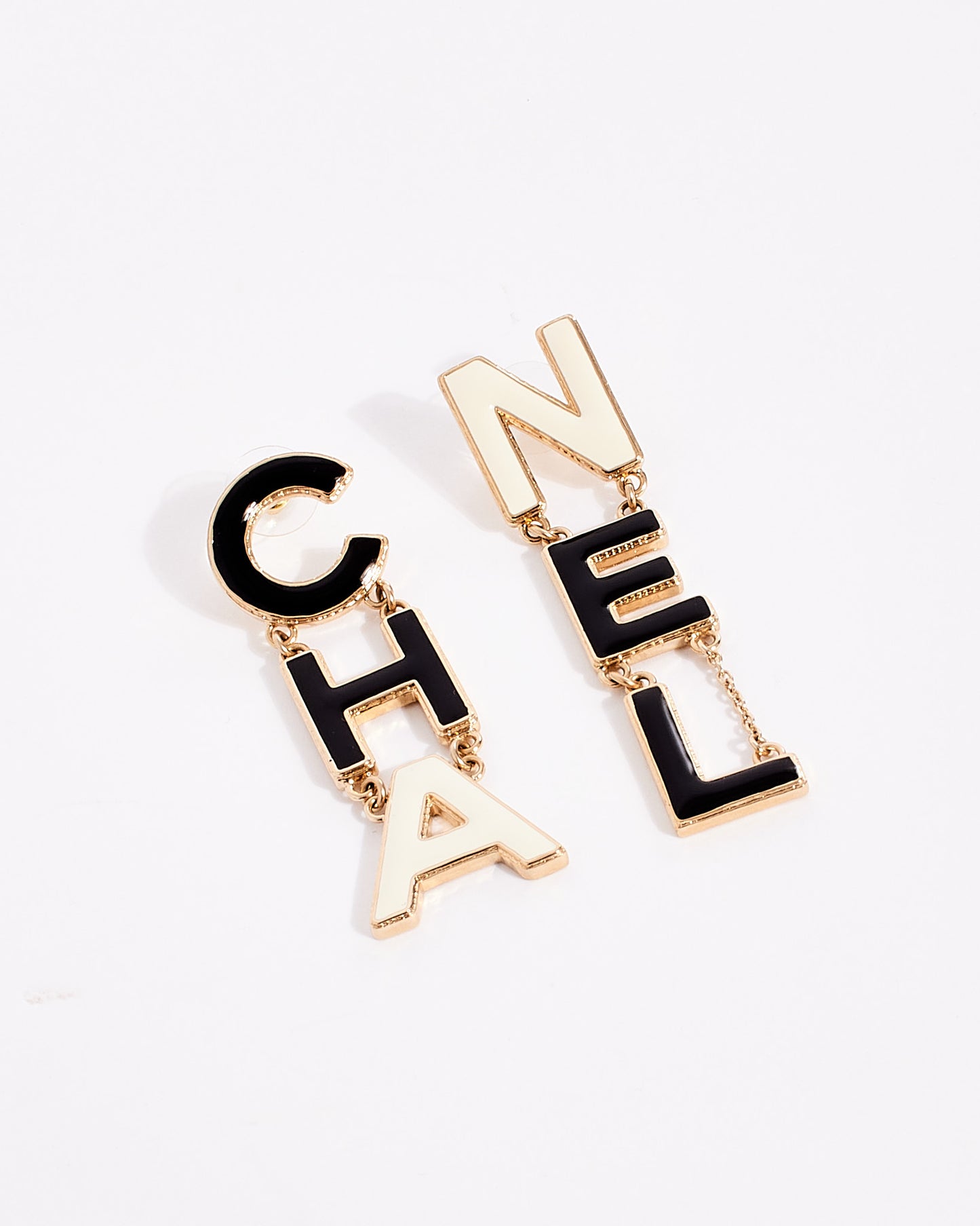 Chanel Black & White  Enamel 'CHA-NEL' Drop Earrings