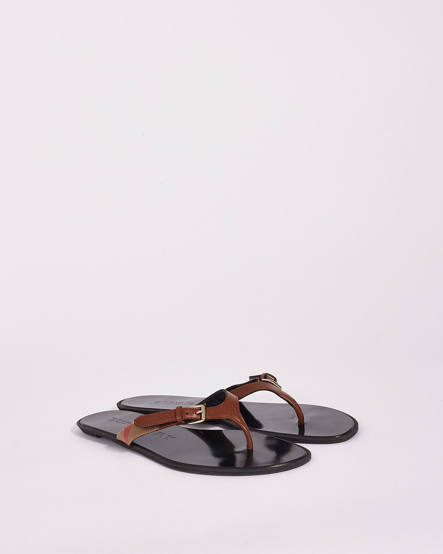 Burberry Brown Check Print Leather Flip Flop Sandals - 39