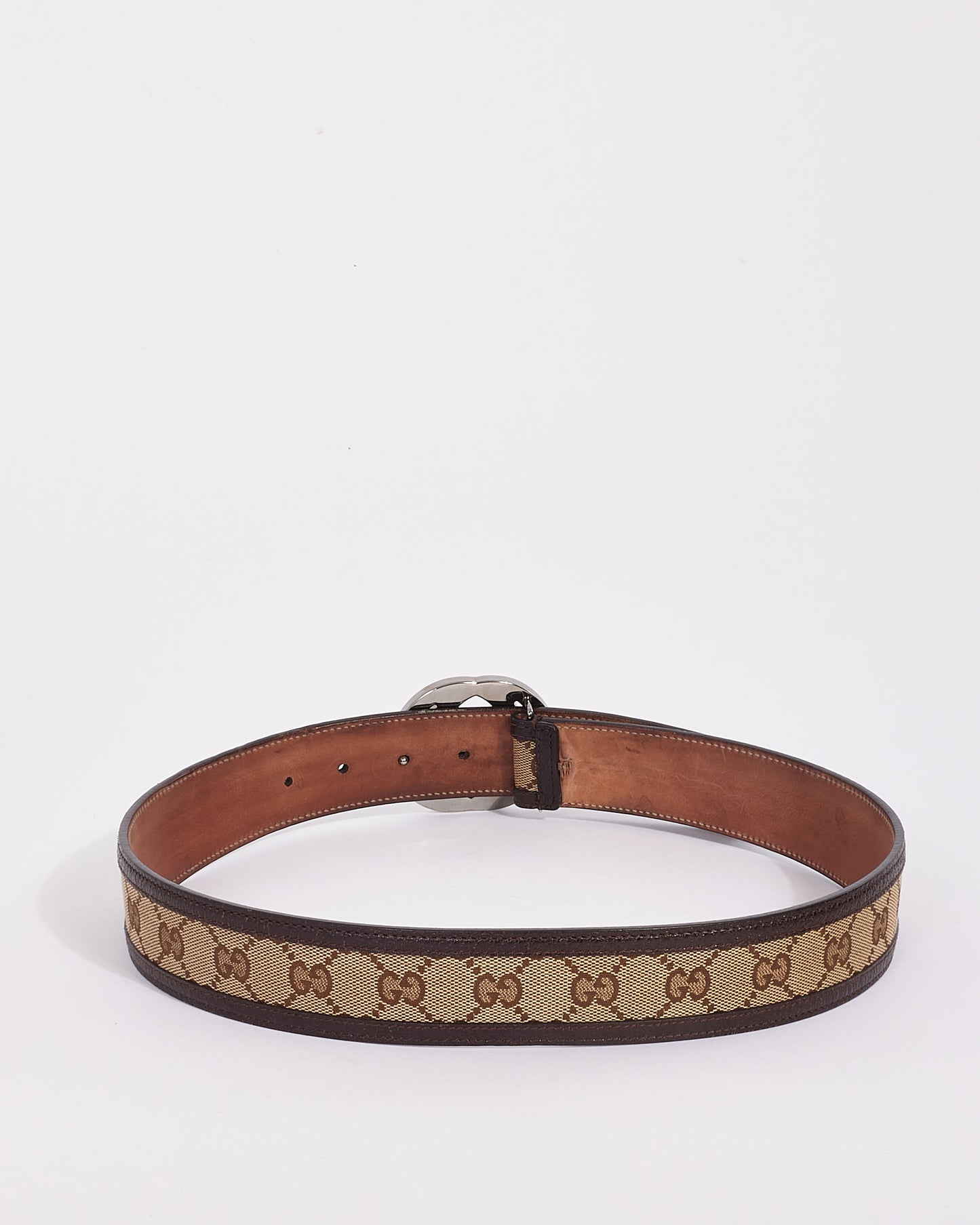 Gucci Brown Leather Trim Monogram GG Canvas Interlocking G Belt - 80/32