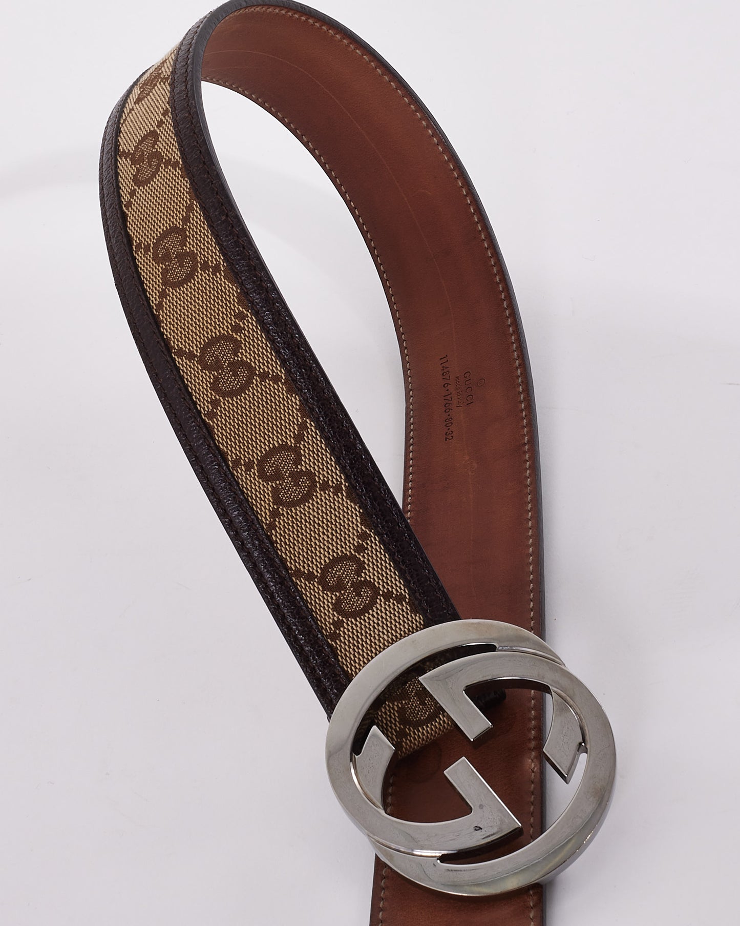 Gucci Brown Leather Trim Monogram GG Canvas Interlocking G Belt - 80/32