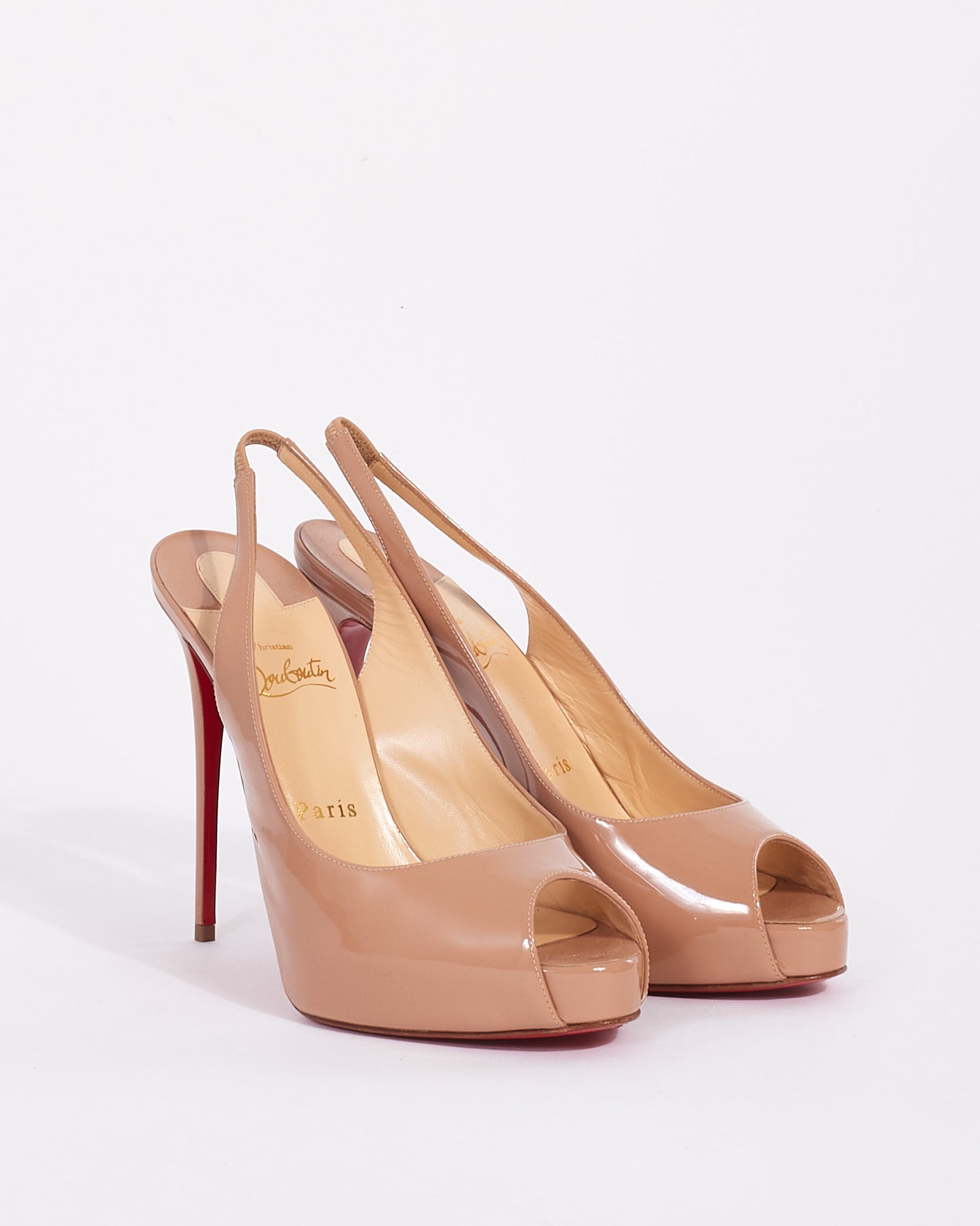 Christian Louboutin Beige Patent Leather Private Number 120 Peep Toe Heels - 38