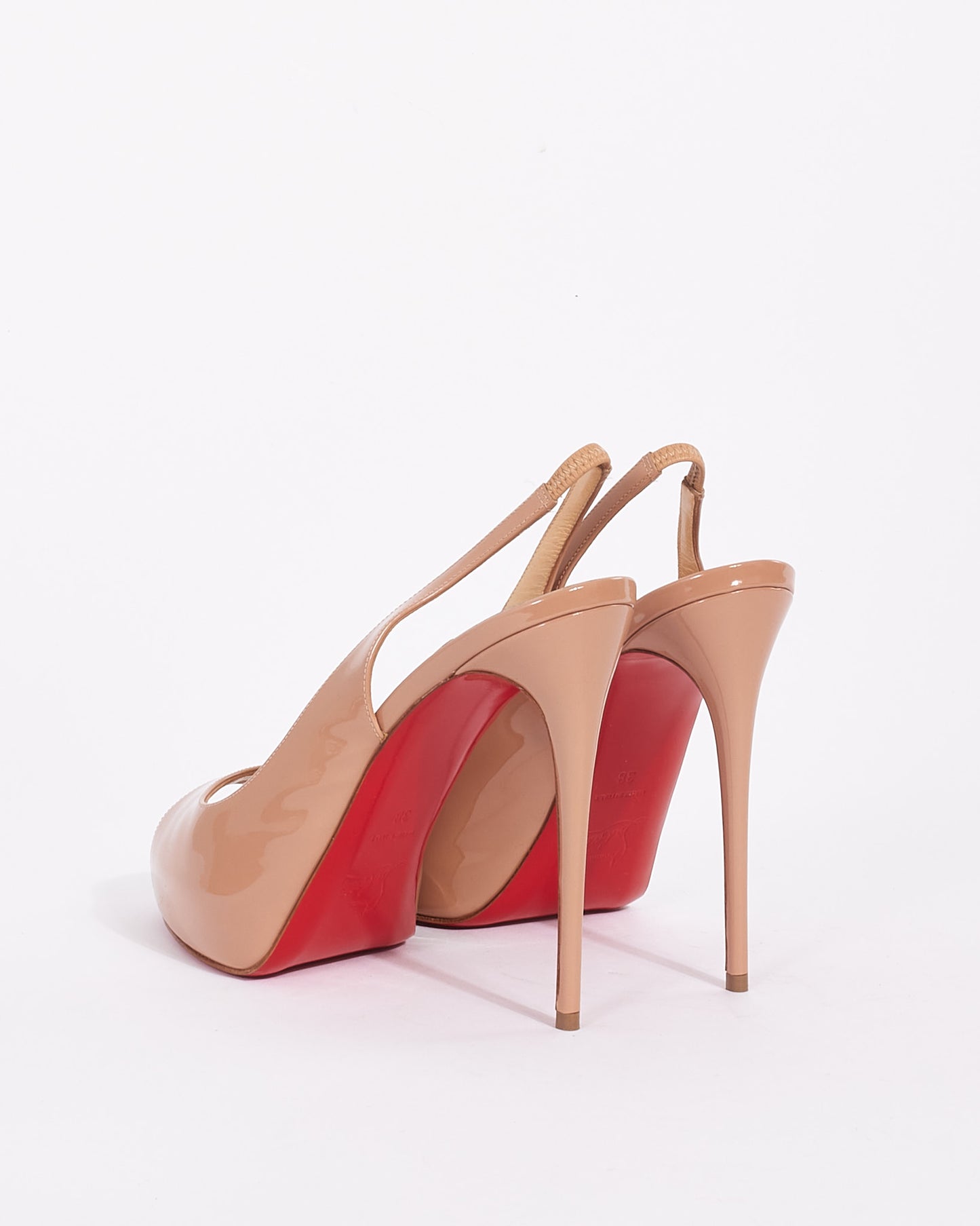 Christian Louboutin Beige Patent Leather Private Number 120 Peep Toe Heels - 38