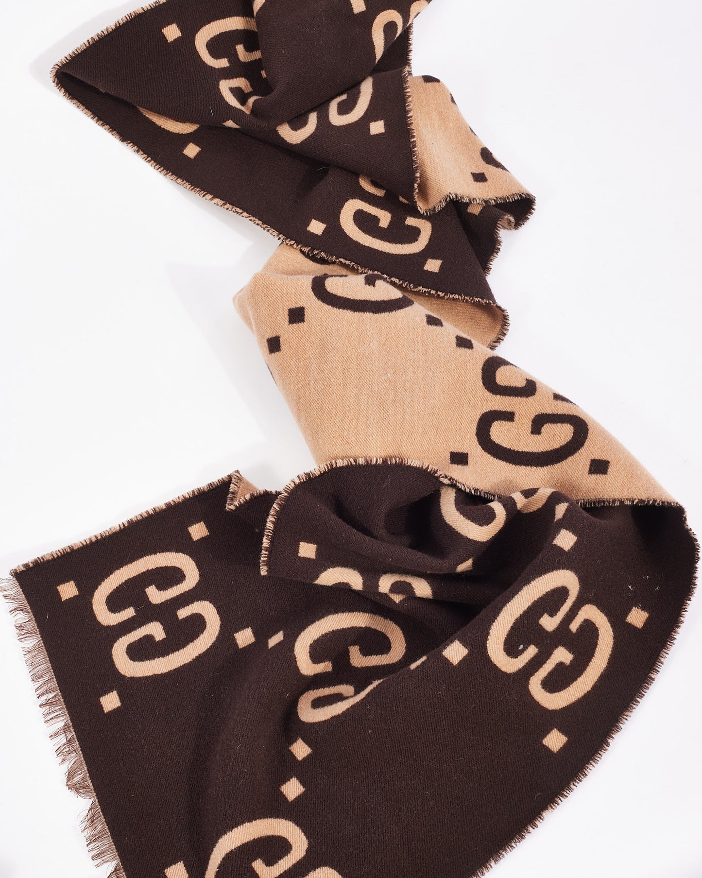Gucci Brown and Beige Wool GG Jacquard Scarf