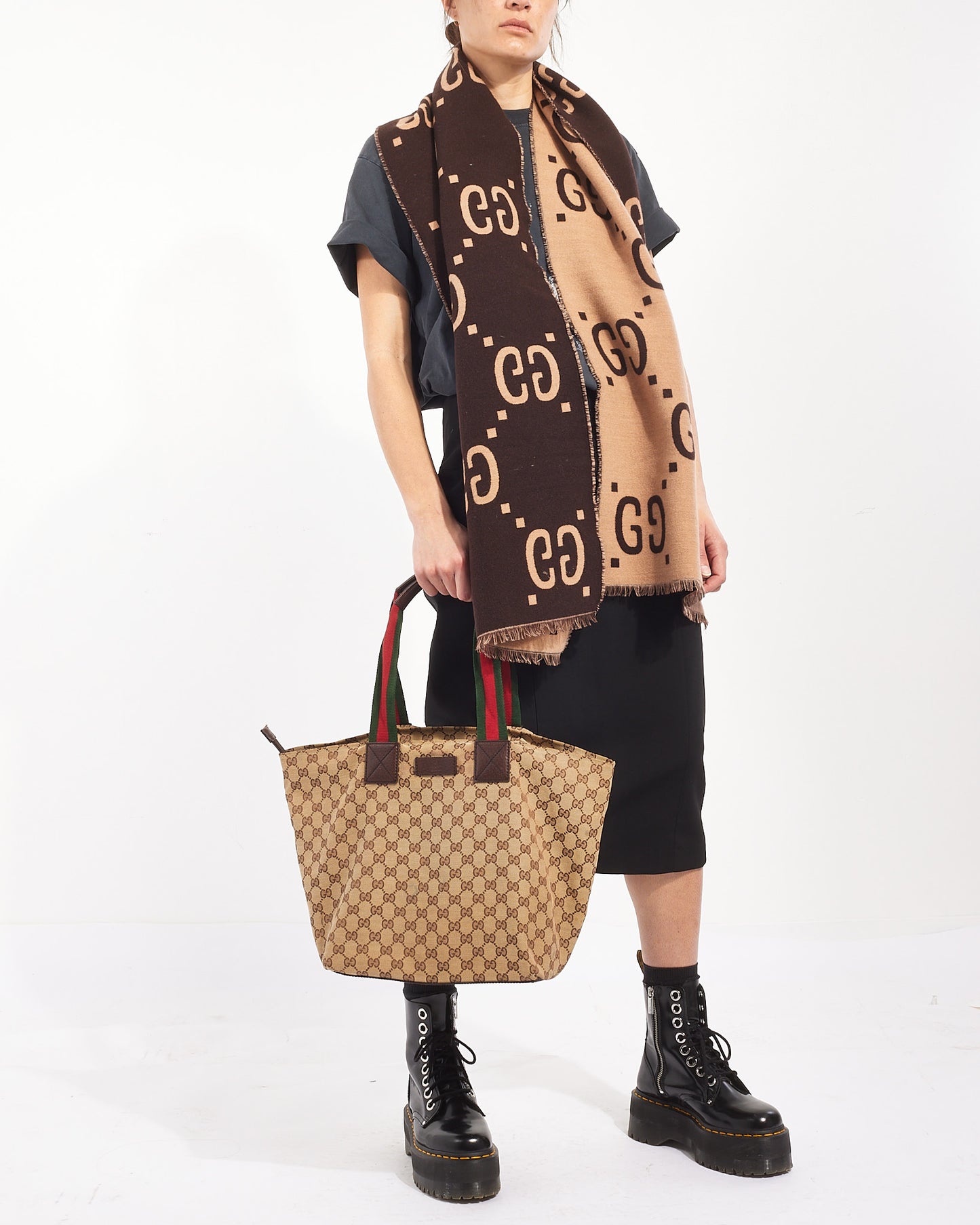 Gucci Beige/Brown Monogram GG Canvas Large Web Handle Tote Bag