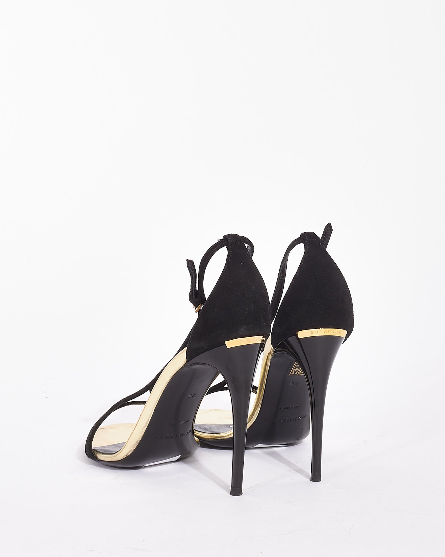 Burberry Black Suede Leather and Gold Stiletto Sandals - 39