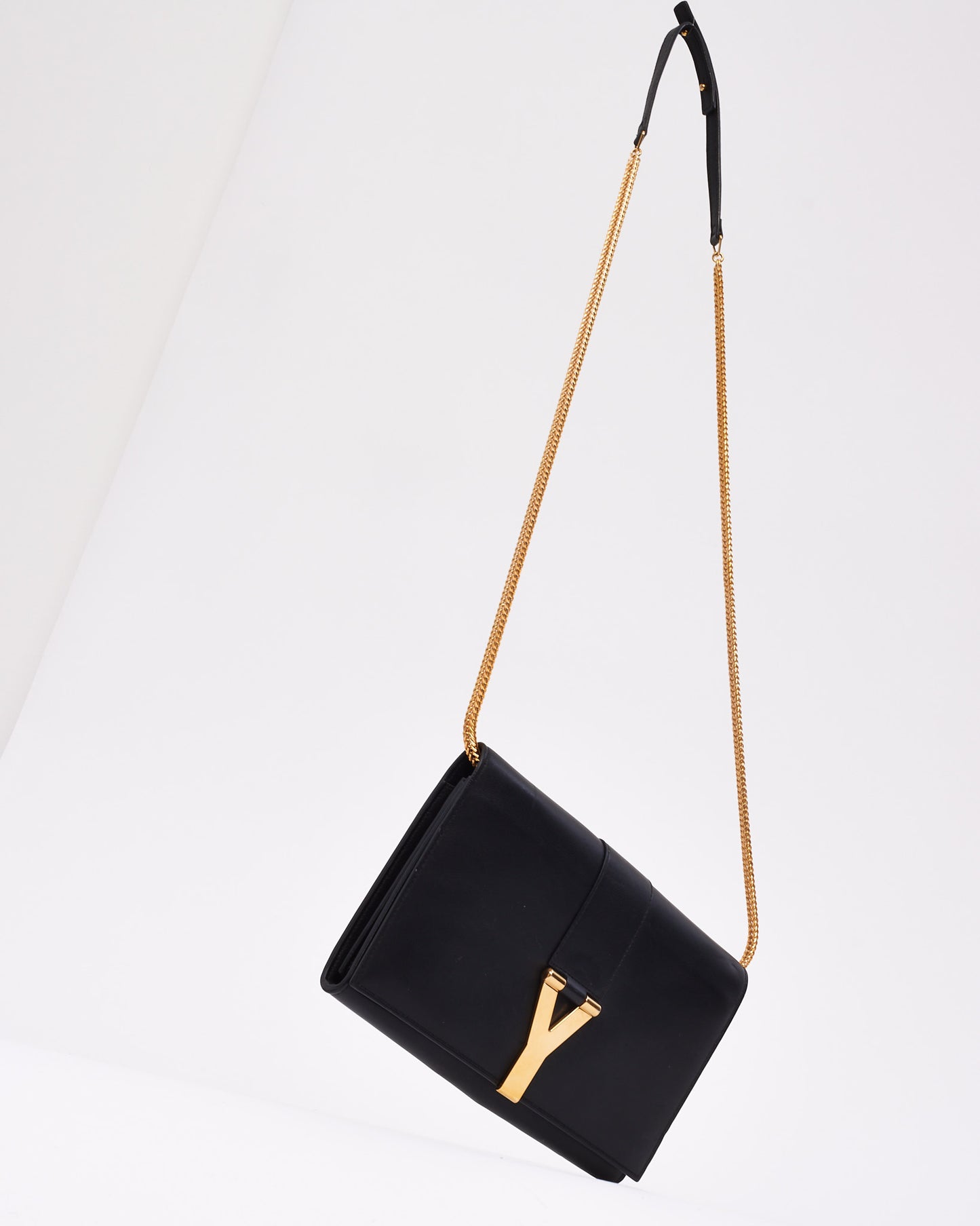 Saint Laurent Black Leather Y Chyc Clutch with Chain Strap